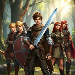 A realistic fantasy scene featuring a teen male protagonist with brown hair, confidently holding a single sword in a dynamic pose