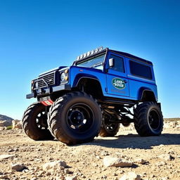 A modified Land Rover Defender equipped with towering monster truck wheels, featuring a sleek body kit that elegantly covers the tops of the massive tires