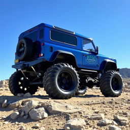 A modified Land Rover Defender equipped with towering monster truck wheels, featuring a sleek body kit that elegantly covers the tops of the massive tires