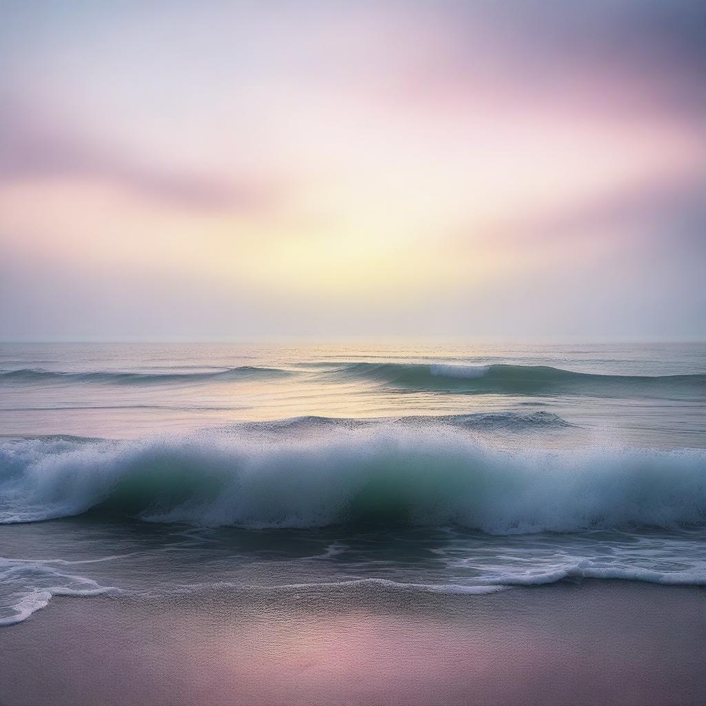 A high-quality, cinematic image of a misty sea during sunrise, rendered in a fantastical style with hues of pastel colors painting the sky