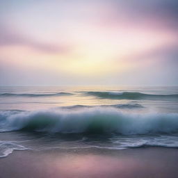 A high-quality, cinematic image of a misty sea during sunrise, rendered in a fantastical style with hues of pastel colors painting the sky