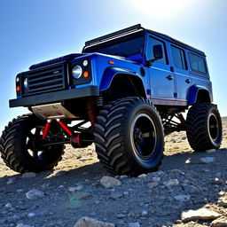 A modified Land Rover Defender equipped with towering monster truck wheels, featuring a sleek body kit that elegantly covers the tops of the massive tires