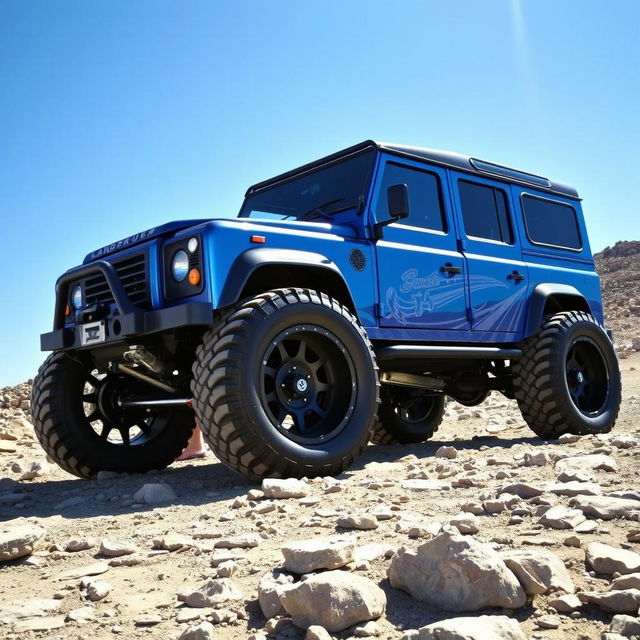 A modified Land Rover Defender equipped with towering monster truck wheels, featuring a sleek body kit that elegantly covers the tops of the massive tires