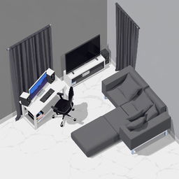 A top-down pixel art view of a slightly isometric modern room, designed in a video game style
