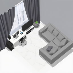 A top-down pixel art view of a slightly isometric modern room, designed in a video game style