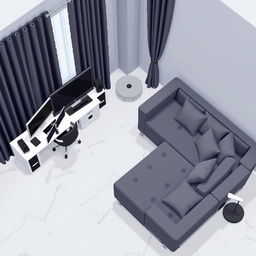 A top-down pixel art view of a slightly isometric modern room, designed in a video game style