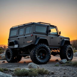 A modified Land Rover Defender featuring enormous monster truck wheels with a custom body that seamlessly covers the tops of the tires, giving it a streamlined and aggressive appearance