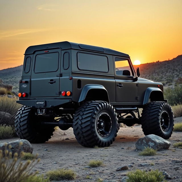 A modified Land Rover Defender featuring enormous monster truck wheels with a custom body that seamlessly covers the tops of the tires, giving it a streamlined and aggressive appearance