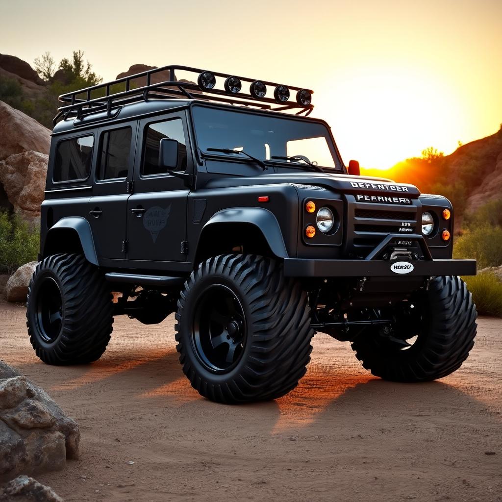 A modified Land Rover Defender featuring enormous monster truck wheels with a custom body that seamlessly covers the tops of the tires, giving it a streamlined and aggressive appearance