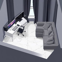 A top-down pixel art view of a slightly isometric modern room, designed in a video game style