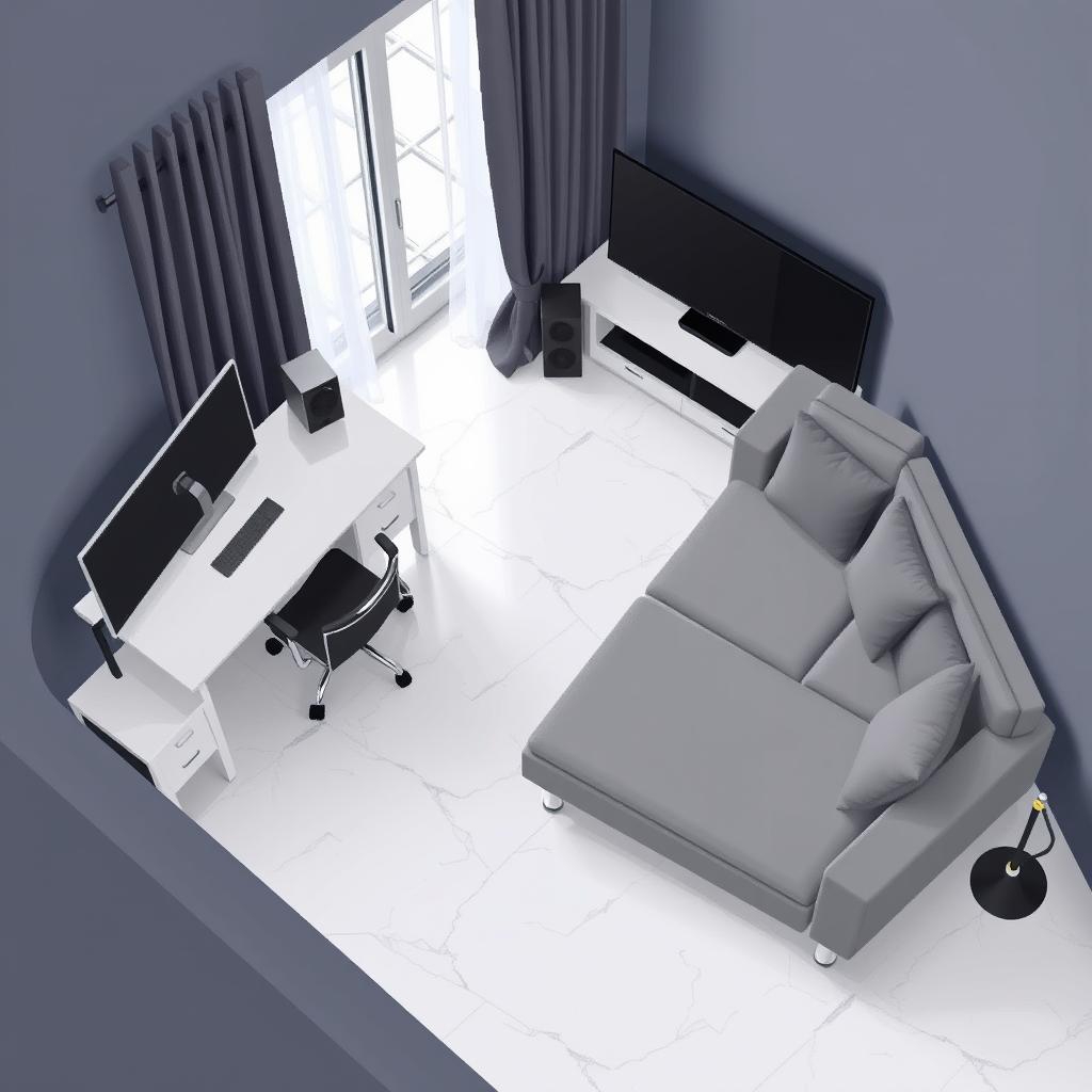 A top-down pixel art view of a slightly isometric modern room, designed in a video game style