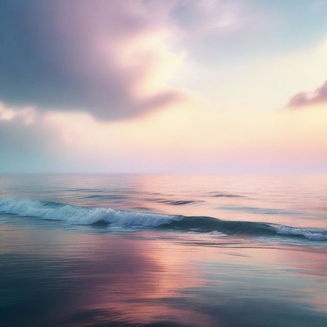 A high-quality, cinematic image of a misty sea during sunrise, rendered in a fantastical style with hues of pastel colors painting the sky