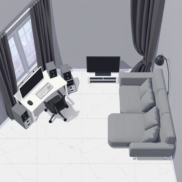 A top-down pixel art view of a slightly isometric modern room, designed in a video game style