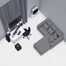 A top-down pixel art view of a slightly isometric modern room, designed in a video game style