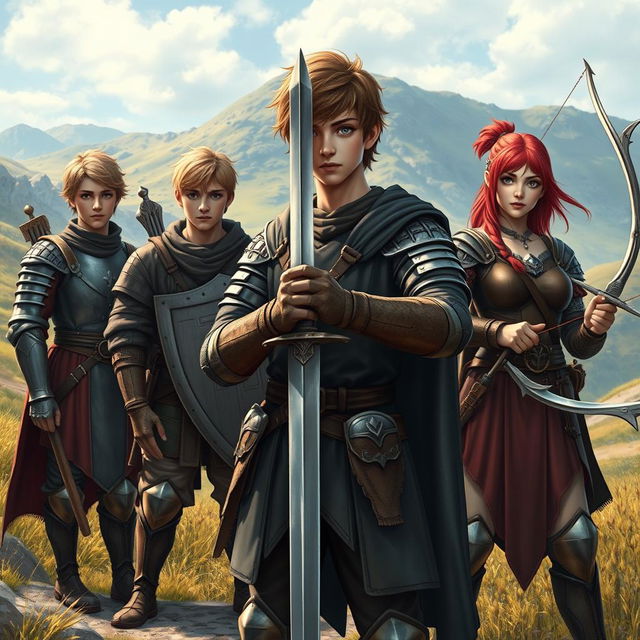 A realistic fantasy scene set in the 15th century, featuring a teen male protagonist with brown hair, confidently holding a single sword in a courageous stance