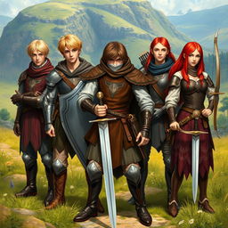 A realistic fantasy scene set in the 15th century, featuring a teen male protagonist with brown hair, confidently holding a single sword in a courageous stance