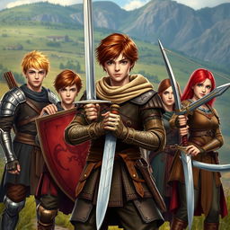 A realistic fantasy scene set in the 15th century, featuring a teen male protagonist with brown hair, confidently holding a single sword in a courageous stance