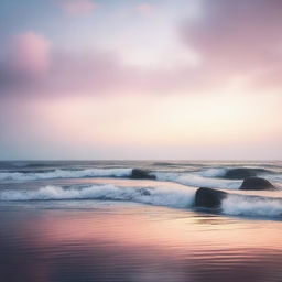 A high-quality, cinematic image of a misty sea during sunrise, rendered in a fantastical style with hues of pastel colors painting the sky