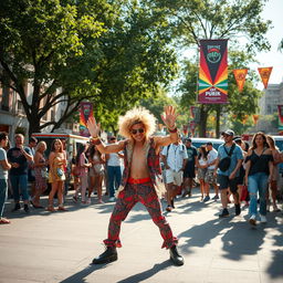 A vibrant, colorful urban street scene featuring a lively group of young adults enjoying their day out at a music festival