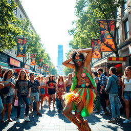 A vibrant, colorful urban street scene featuring a lively group of young adults enjoying their day out at a music festival