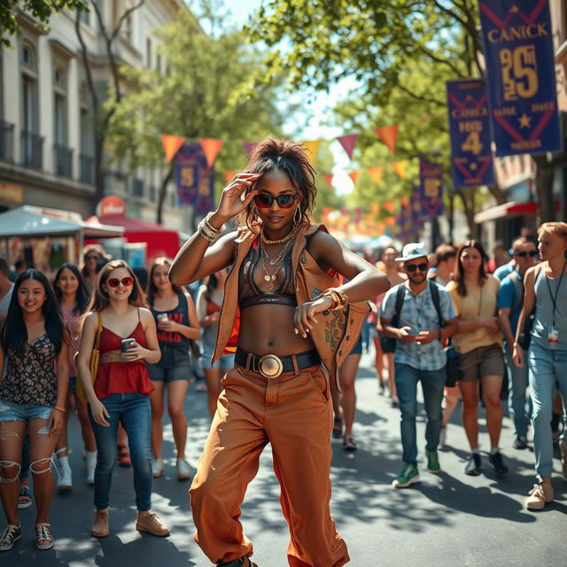 A vibrant, colorful urban street scene featuring a lively group of young adults enjoying their day out at a music festival