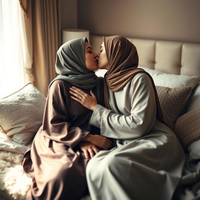 An intimate scene capturing the tender moment between two women wearing elegant hijabs, dressed in beautifully designed abayas