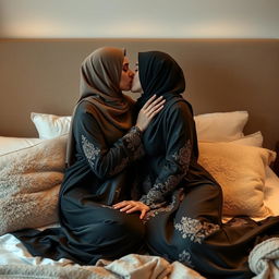 An intimate scene capturing the tender moment between two women wearing elegant hijabs, dressed in beautifully designed abayas
