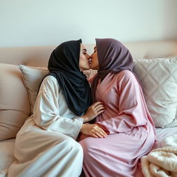An intimate scene capturing the tender moment between two women wearing elegant hijabs, dressed in beautifully designed abayas