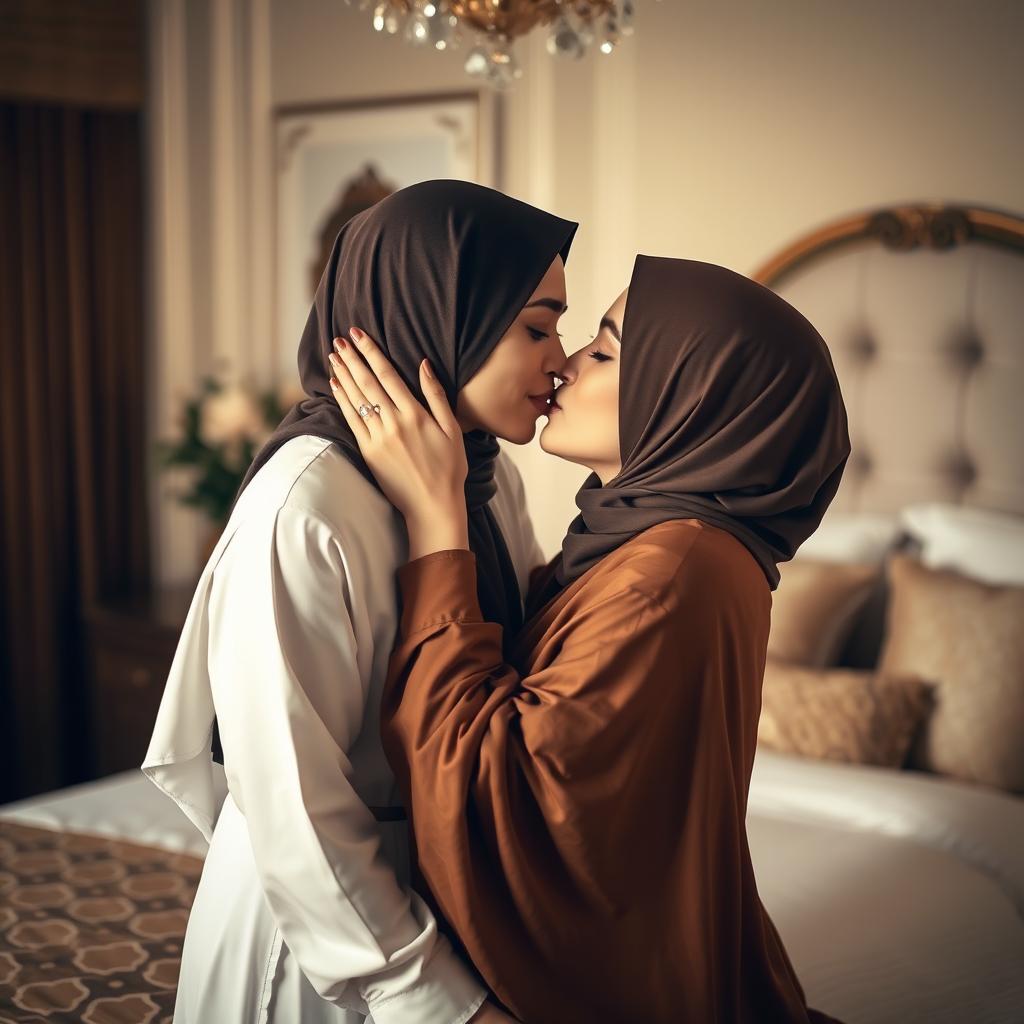 An intimate and tender moment between two women in a cozy bedroom, where one is wearing a beautiful hijab and a flowing abaya