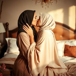 An intimate and tender moment between two women in a cozy bedroom, where one is wearing a beautiful hijab and a flowing abaya