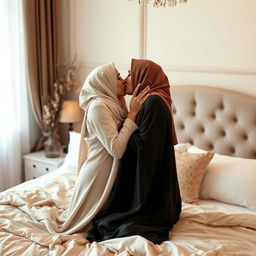 An intimate and tender moment between two women in a cozy bedroom, where one is wearing a beautiful hijab and a flowing abaya