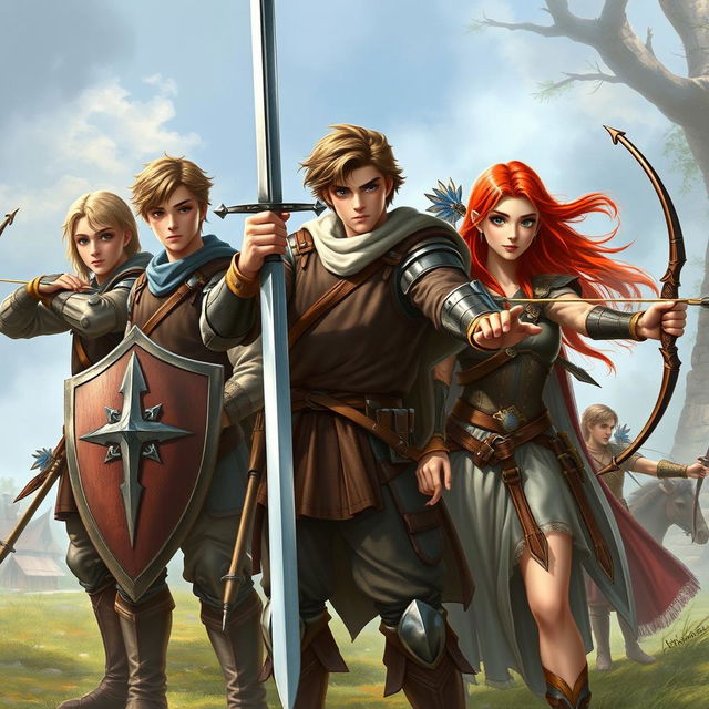 A realistic and detailed fantasy scene set in the 15th century, featuring a tall teen male protagonist with brown hair and striking blue eyes, confidently holding a single sword in a dynamic pose