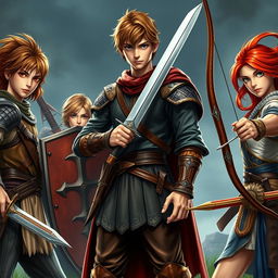 A realistic and detailed fantasy scene set in the 15th century, featuring a tall teen male protagonist with brown hair and striking blue eyes, confidently holding a single sword in a dynamic pose