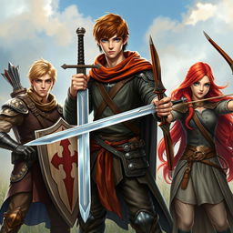 A realistic and detailed fantasy scene set in the 15th century, featuring a tall teen male protagonist with brown hair and striking blue eyes, confidently holding a single sword in a dynamic pose