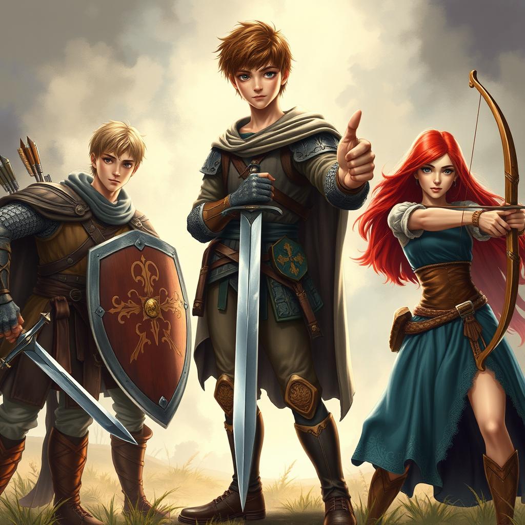 A realistic and detailed fantasy scene set in the 15th century, featuring a tall teen male protagonist with brown hair and striking blue eyes, confidently holding a single sword in a dynamic pose