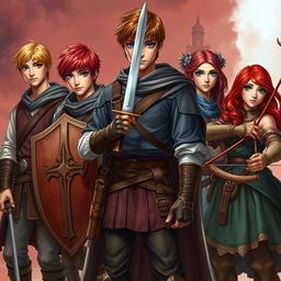 A realistic fantasy scene set in the 15th century, showcasing a tall teen male protagonist with brown hair and striking blue eyes, confidently holding a single sword in a dynamic pose
