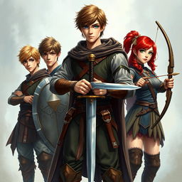 A realistic fantasy scene set in the 15th century, showcasing a tall teen male protagonist with brown hair and striking blue eyes, confidently holding a single sword in a dynamic pose