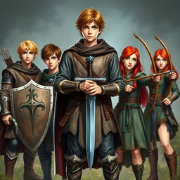 A realistic fantasy scene set in the 15th century, showcasing a tall teen male protagonist with brown hair and striking blue eyes, confidently holding a single sword in a dynamic pose