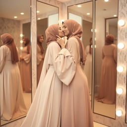 A romantic and intimate moment between two women in a stylish changing room, where one woman is elegantly dressed in a flowing abaya while wearing a hijab