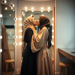 A romantic and intimate moment between two women in a stylish changing room, where one woman is elegantly dressed in a flowing abaya while wearing a hijab