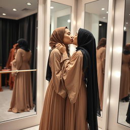 A romantic and intimate moment between two women in a stylish changing room, where one woman is elegantly dressed in a flowing abaya while wearing a hijab