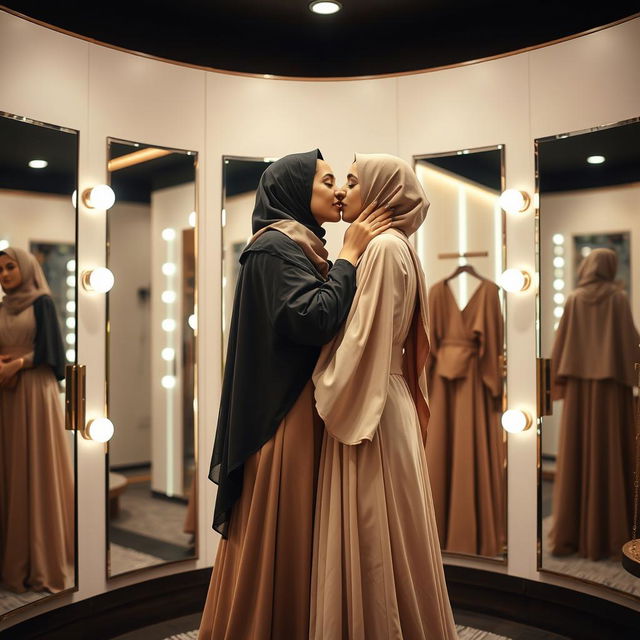 A romantic and intimate moment between two women in a stylish changing room, where one woman is elegantly dressed in a flowing abaya while wearing a hijab