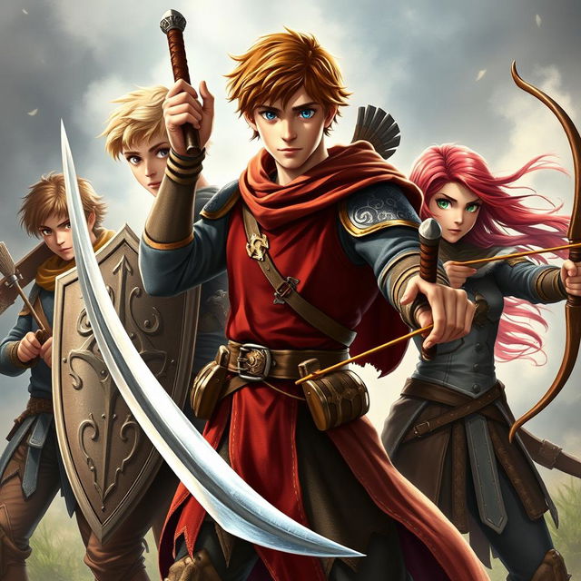 A realistic and dynamic fantasy scene set in the 15th century, showcasing a tall teen male protagonist with brown hair and vibrant blue eyes, confidently wielding a single sword with an assertive stance