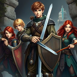 A realistic and dynamic fantasy scene set in the 15th century, showcasing a tall teen male protagonist with brown hair and vibrant blue eyes, confidently wielding a single sword with an assertive stance
