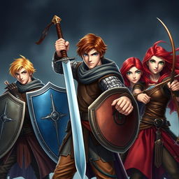 A realistic and dynamic fantasy scene set in the 15th century, showcasing a tall teen male protagonist with brown hair and vibrant blue eyes, confidently wielding a single sword with an assertive stance