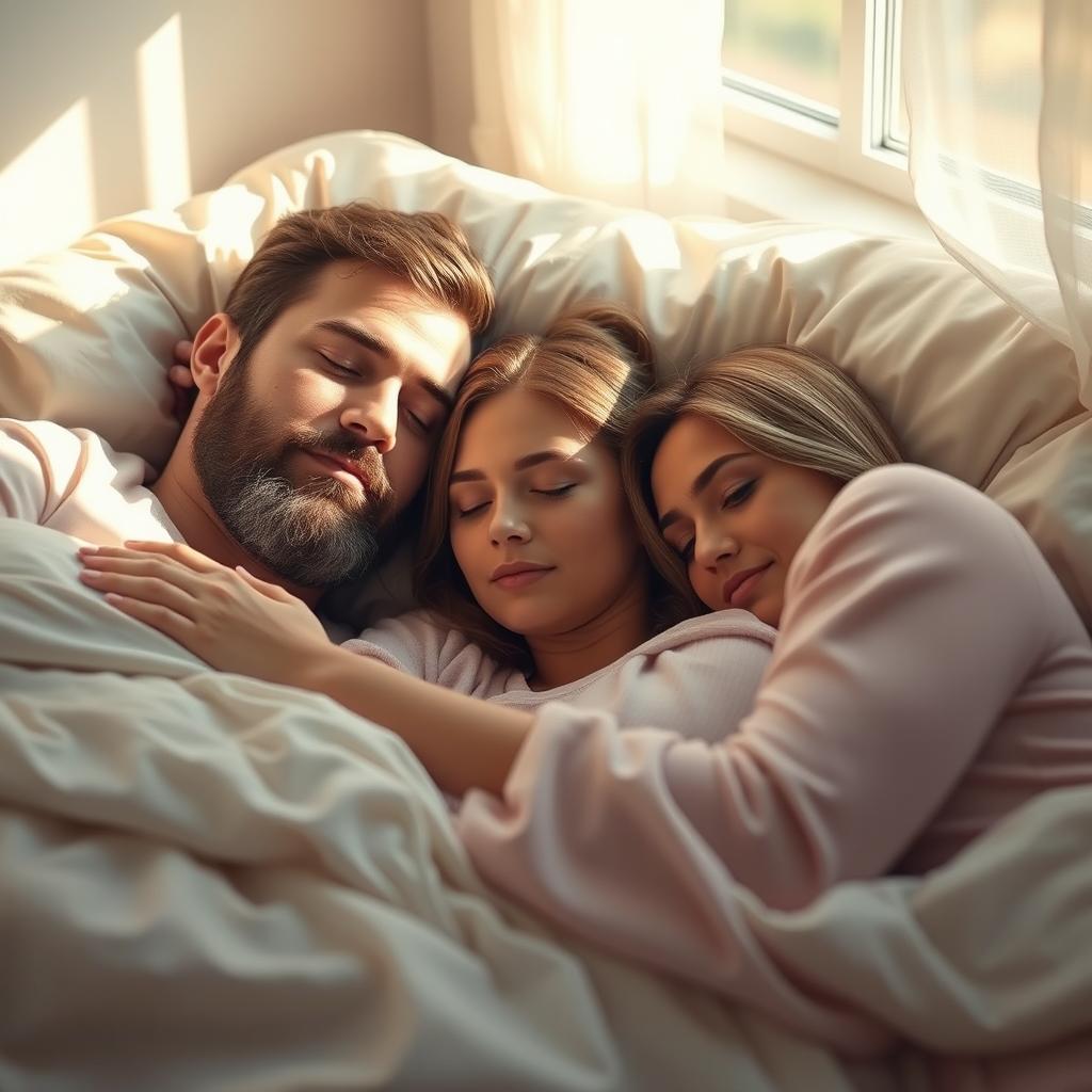 A serene scene depicting a man with a beard peacefully sleeping beside two women