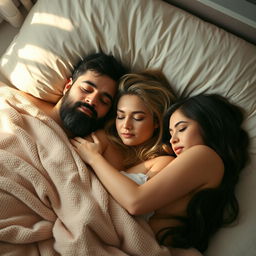 A serene scene depicting a man with a beard peacefully sleeping beside two women