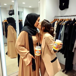 A romantic and playful moment between two women in a fashionable changing room, where one woman is elegantly dressed in a flowing abaya with a hijab, while the other is stylishly attired
