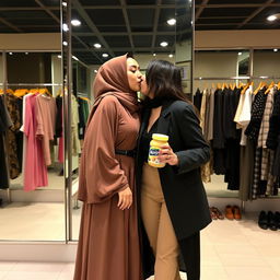 A romantic and playful moment between two women in a fashionable changing room, where one woman is elegantly dressed in a flowing abaya with a hijab, while the other is stylishly attired