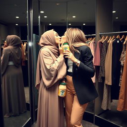A romantic and playful moment between two women in a fashionable changing room, where one woman is elegantly dressed in a flowing abaya with a hijab, while the other is stylishly attired